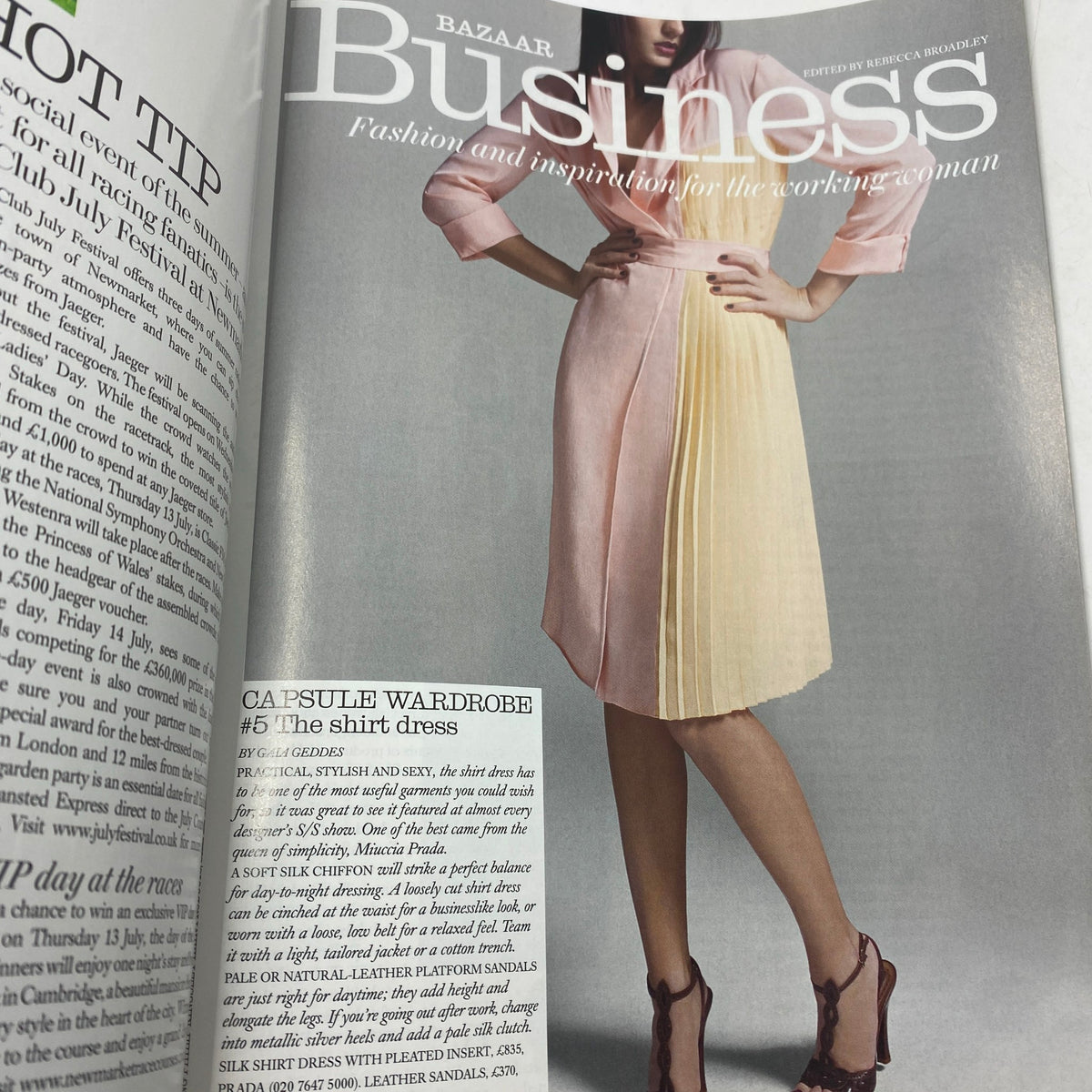 Business fashion section from Harper's Bazaar UK Magazine July 2006, featuring a stylish 'shirt dress' idea, representing fashion inspirations for working women.