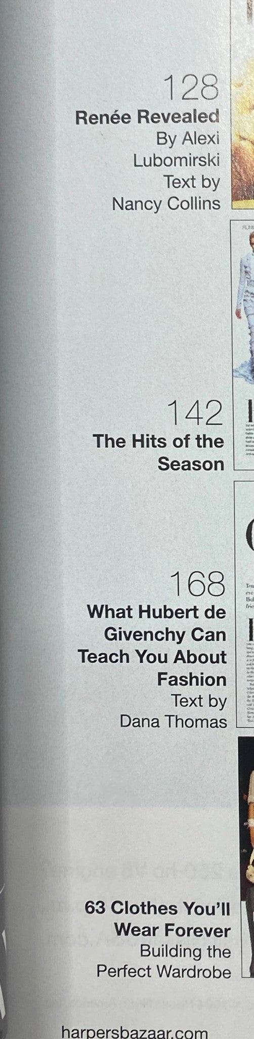 Contents page of Harper's Bazaar Magazine June 2005 listing articles including 'Renée Revealed' by Alexi Lubomirski and 'The Hits of the Season', providing insights into fashion trends.