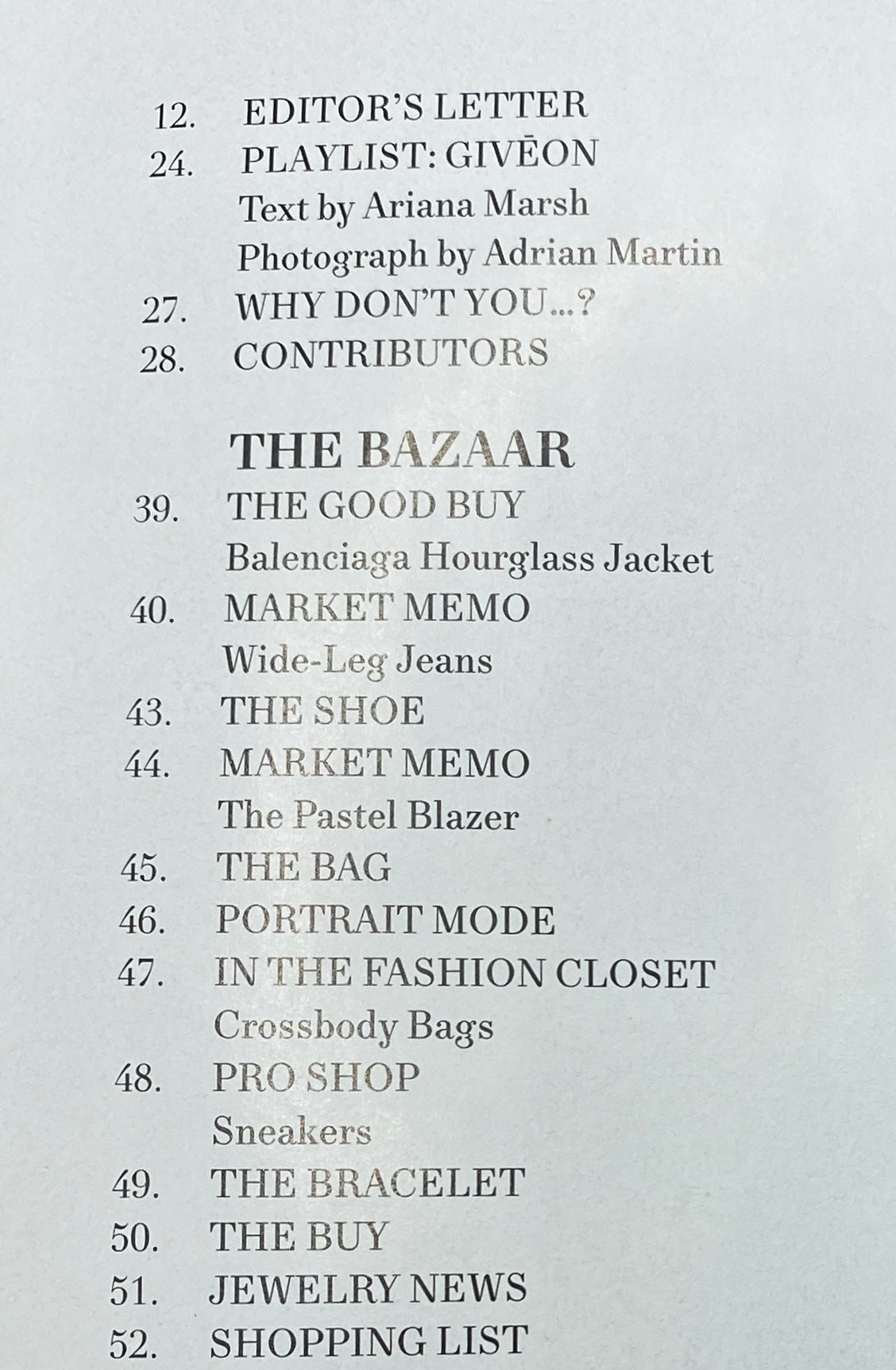 Table of contents page from Harper's Bazaar Magazine February 2022, listing featured articles and highlights, including fashion trends and editor's notes.