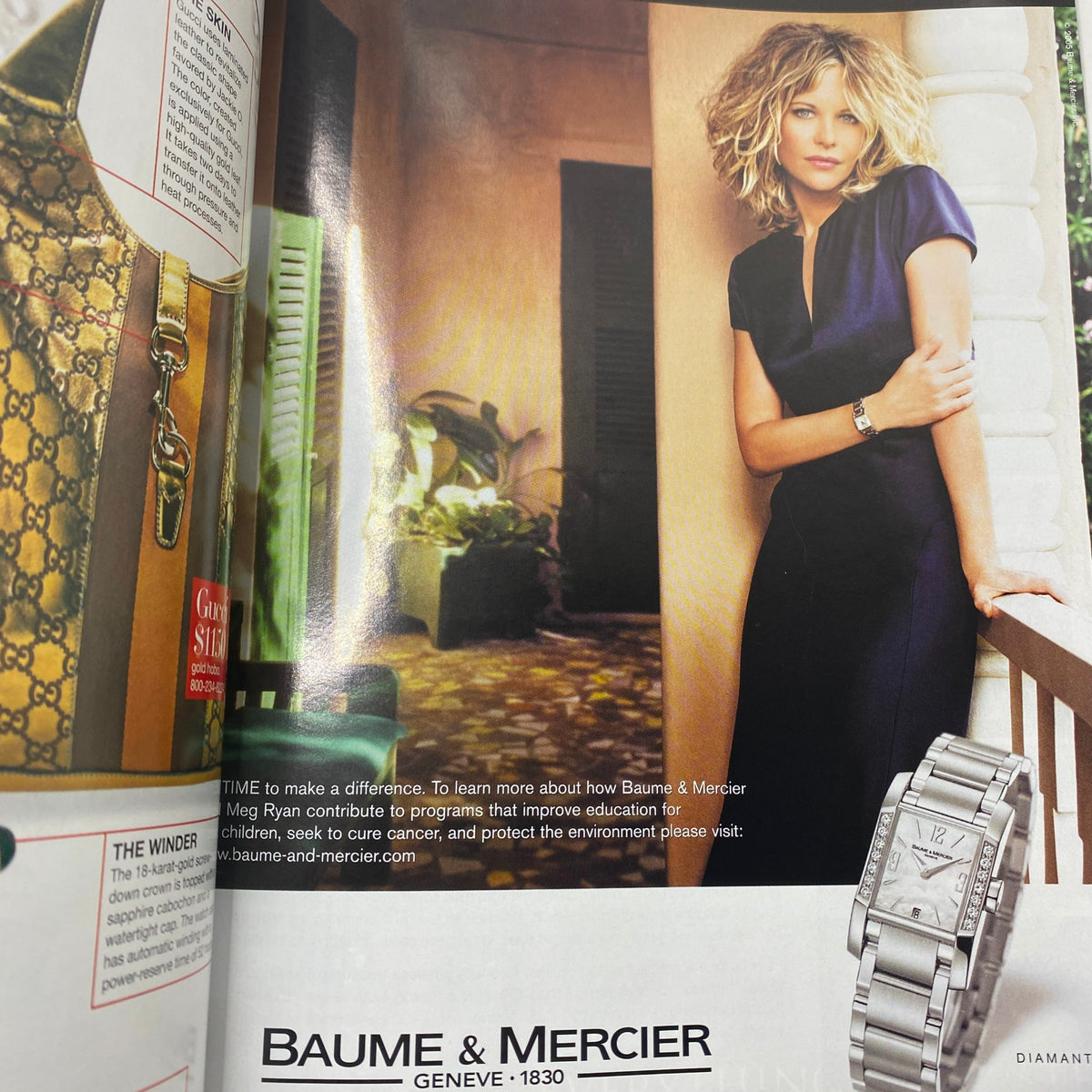Harper's Bazaar Magazine January 2006 includes a stylish advertisement from Baume & Mercier depicting a model wearing a black dress and showcasing a luxury watch.