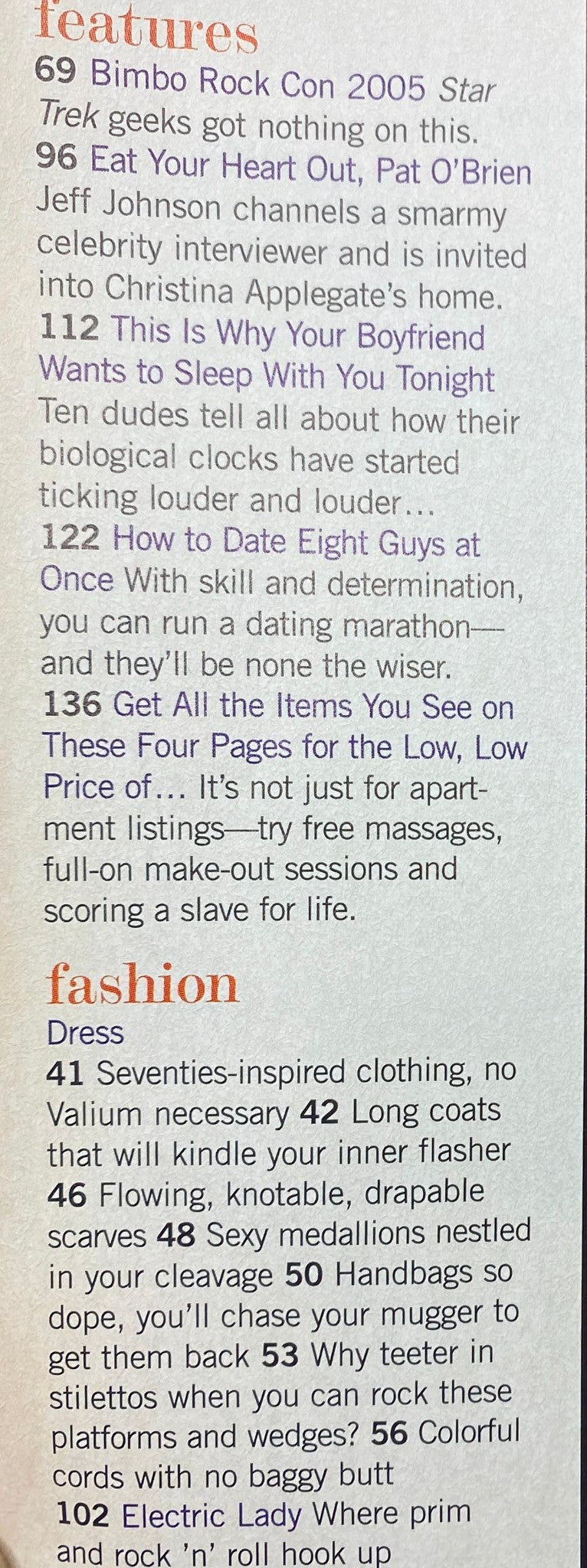 Content highlights from Jane Magazine November 2004, including features on dating and fashion trends, with Christina Applegate's exclusive interview.