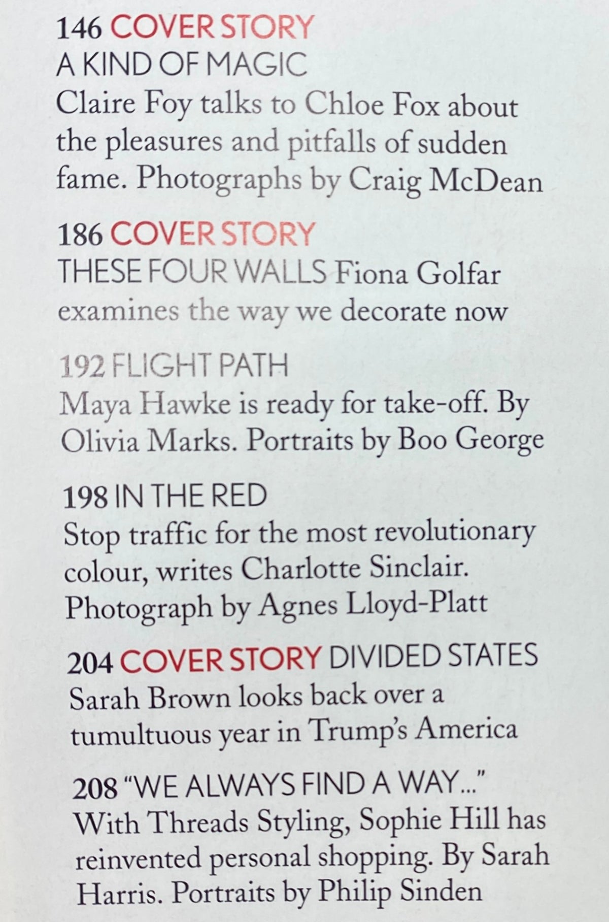 Interior page of Vogue UK Magazine November 2017, showcasing article titles and summaries including 'A Kind of Magic' with Claire Foy, 'These Four Walls', and 'In the Red', along with additional feature descriptions.