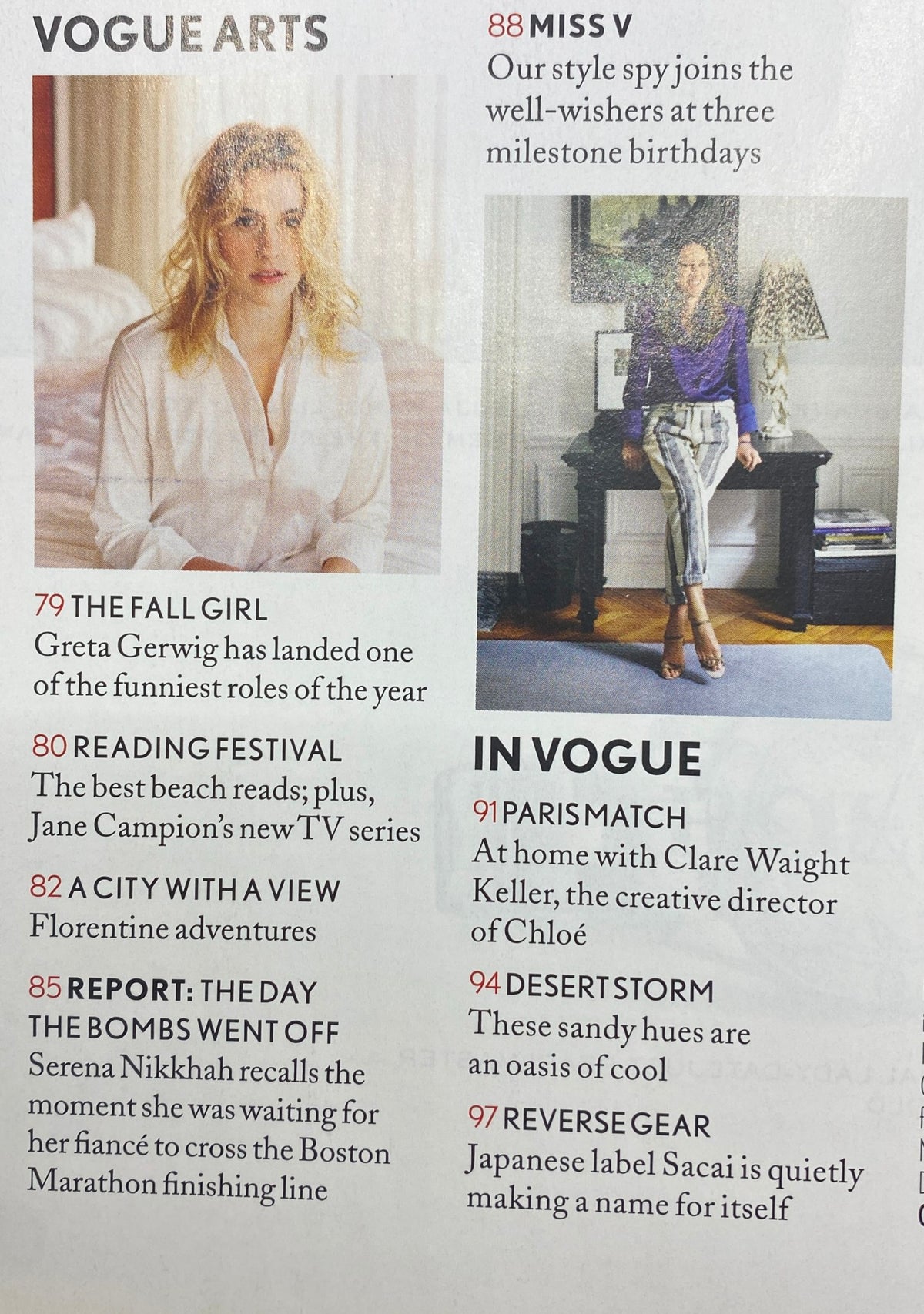 Vogue UK Magazine August 2013 contents page highlighting articles like 'The Fall Girl' featuring Greta Gerwig and 'Report: The Day the Bombs Went Off' by Serena Nikkhah.