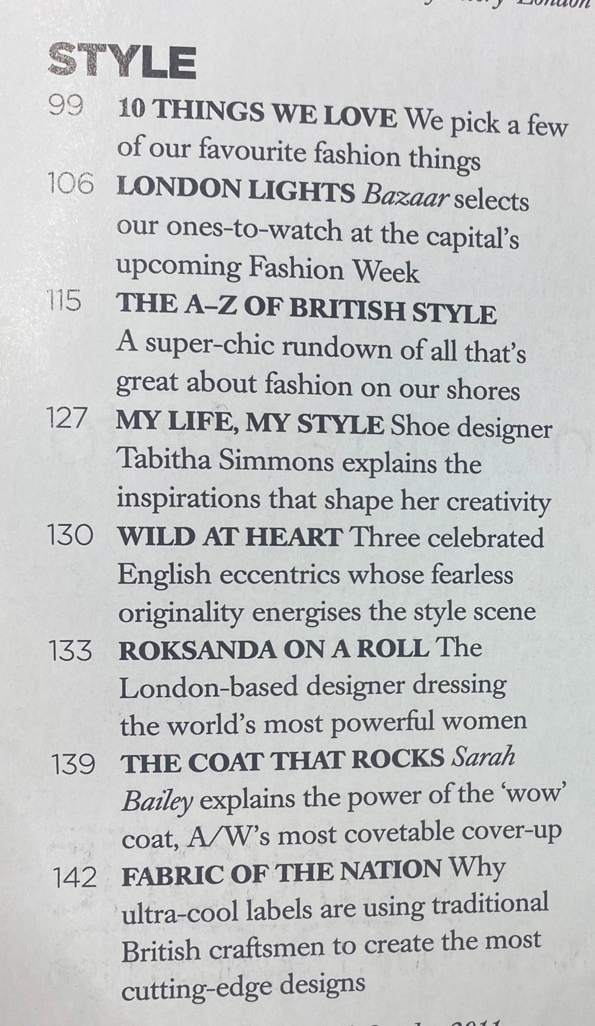 Interior page of Harper's Bazaar October 2011 showcasing '10 Things We Love' and highlights from London Fashion Week.