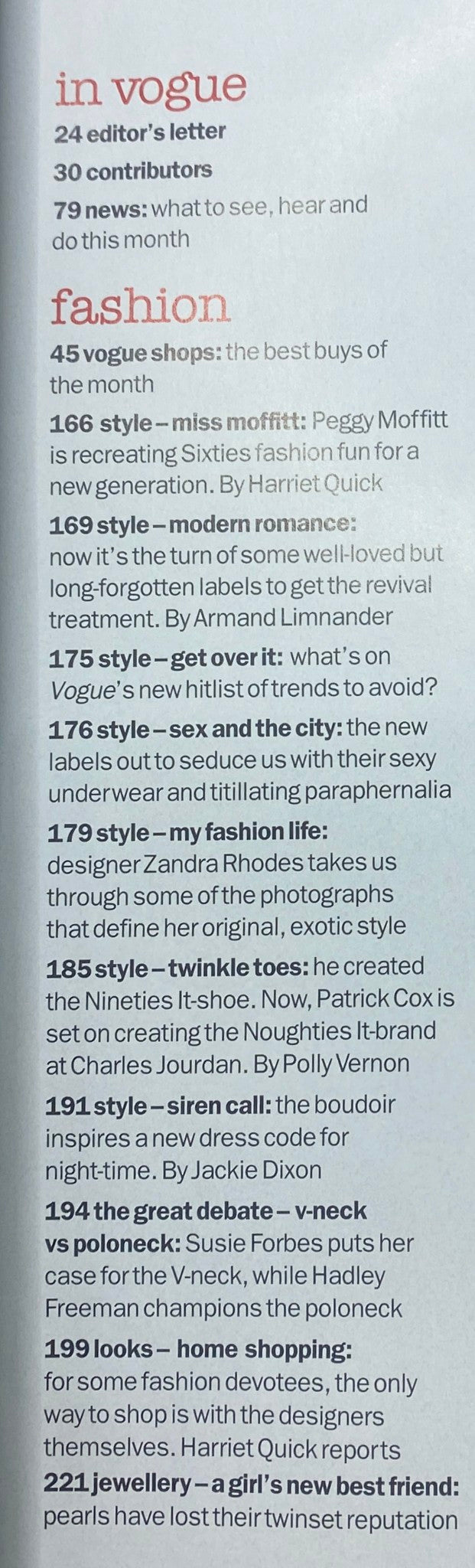 In Vogue section of Vogue Magazine October 2003, featuring contents including 24 editor's letter and 30 contributors, showcasing fashion highlights and editorial insights.