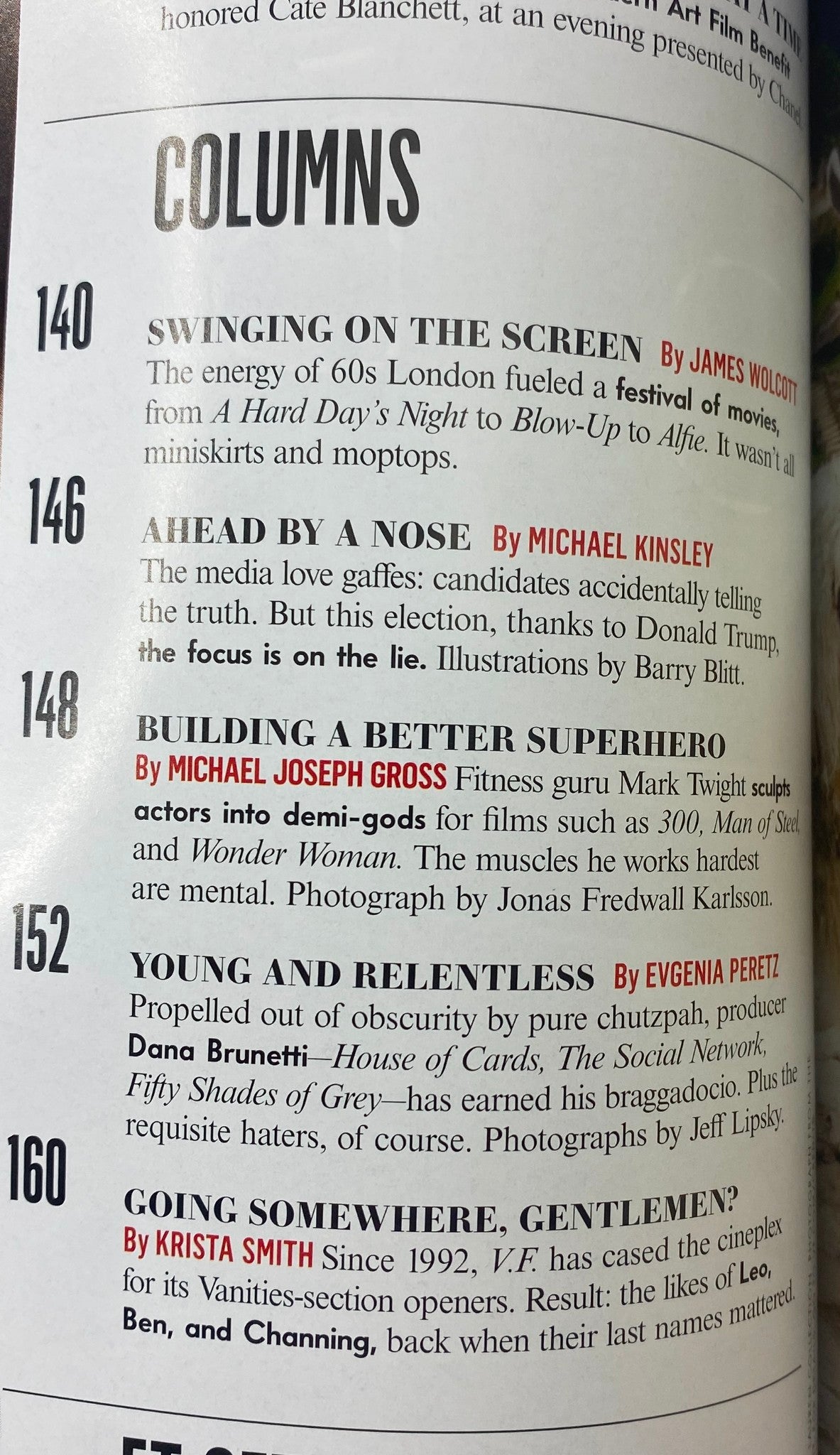 Vanity Fair Magazine 2016 interior pages, highlighting articles including 'Swinging on the Screen' and 'Building a Better Superspirit' alongside author contributions.