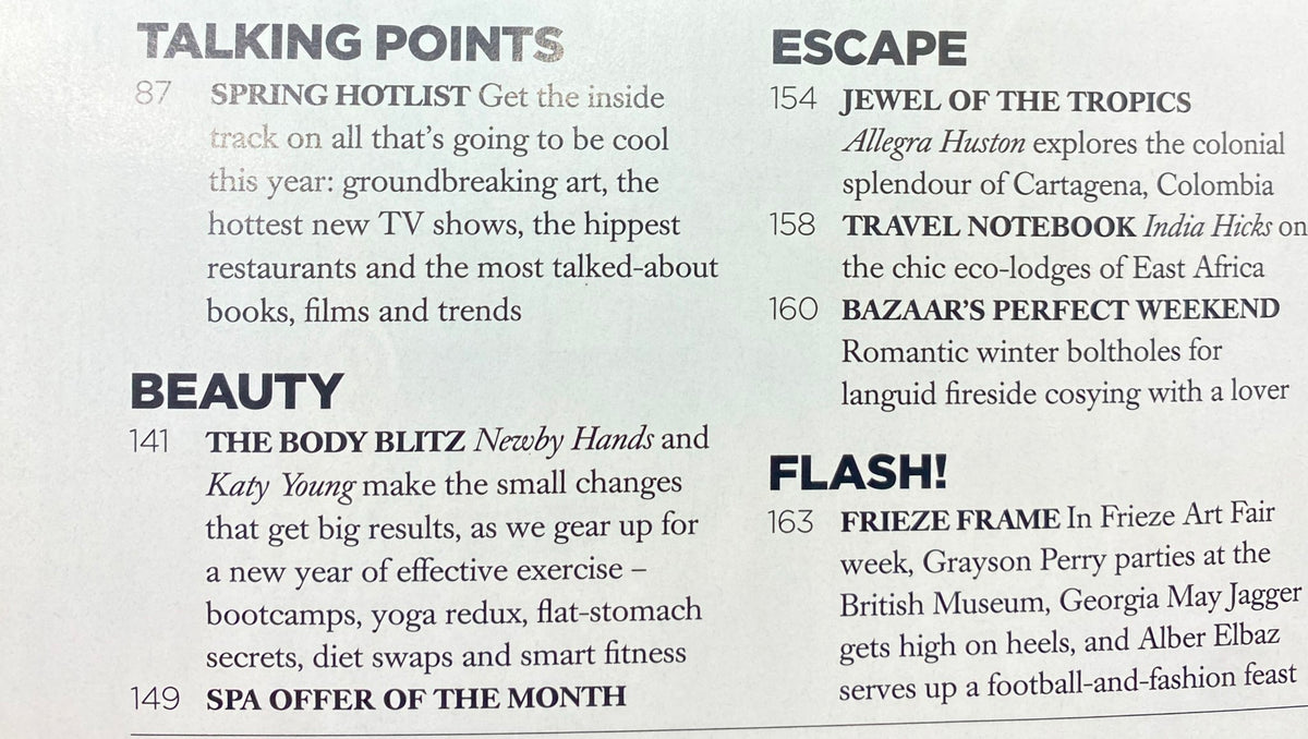 Inside page of Harper's Bazaar UK Magazine January 2012, highlighting the Spring Hotlist with fashion trends, top workouts, and beauty tips.
