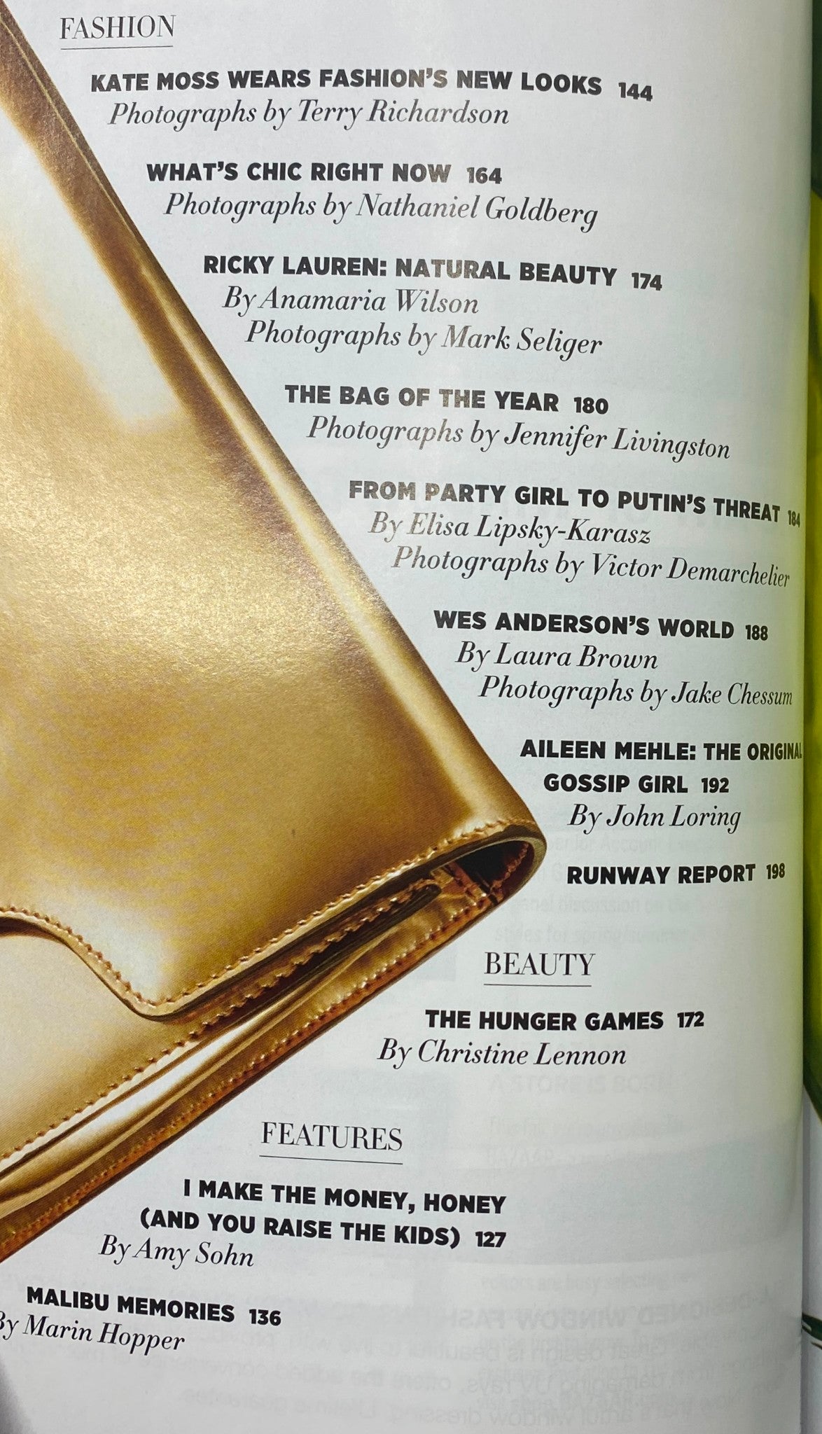 Inside page of Harper's Bazaar Magazine June - July 2012, detailing articles and features including 'Kate Moss Wears Fashion’s New Looks' and other editorial content.