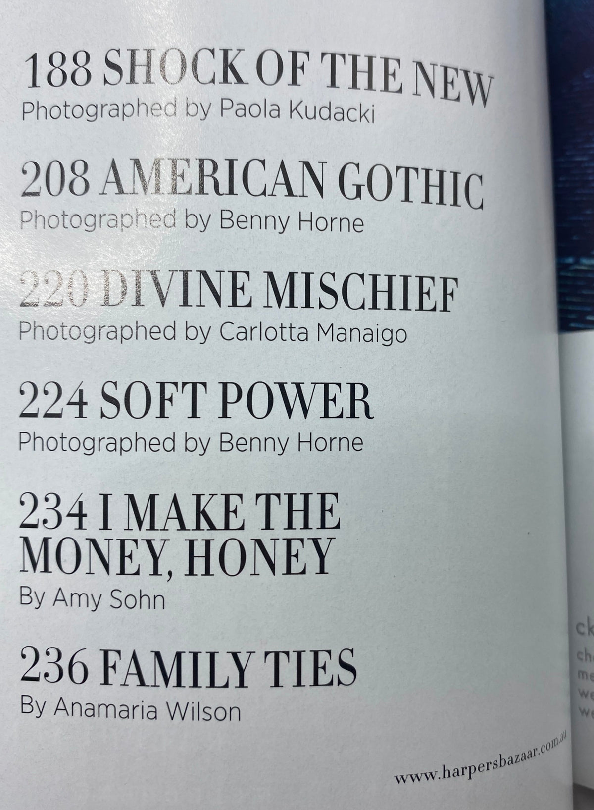 Table of contents from Harper's Bazaar Australia Magazine September 2012 highlighting features like '188 Shock of the New' photographed by Paola Kudacki and '234 I Make the Money, Honey' by Amy Sohn, showcasing the magazine's diverse content.