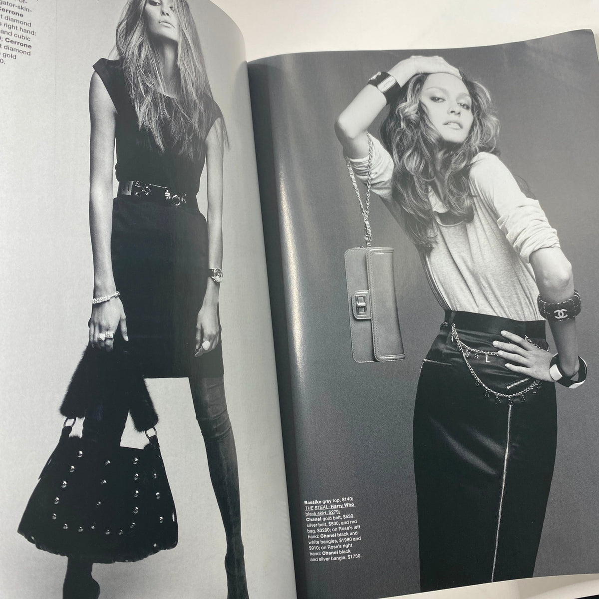 Black and white fashion editorial spread from Harper's Bazaar Australia August 2009, showcasing stylish outfits and accessories.
