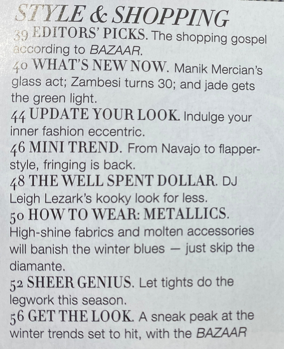 Contents page of Harper's Bazaar Australia Magazine June - July 2009 detailing '39 Editor’s Picks' including trends and styles, offering insights into contemporary fashion.