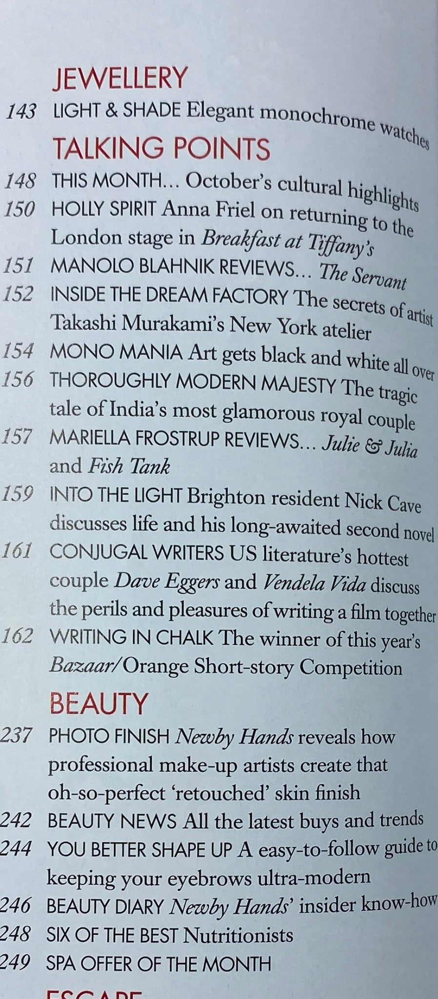 Table of contents from Harper's Bazaar UK Magazine October 2009 featuring highlights from various sections including Jewellery, Talking Points, and Beauty. The magazine is known for its impactful cultural insights and fashion trends.