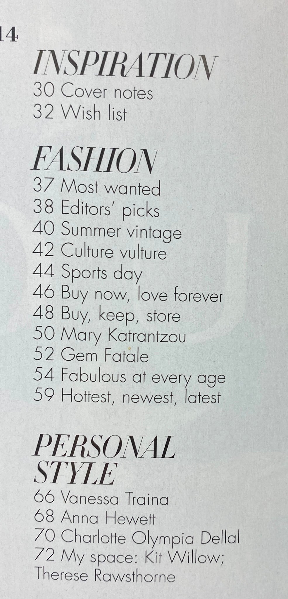 Table of contents page from Harper's Bazaar Australia Magazine January 2011, listing sections on inspiration, fashion, and personal style, including features on Vanessa Traina and Charlotte Olympia Dellal.