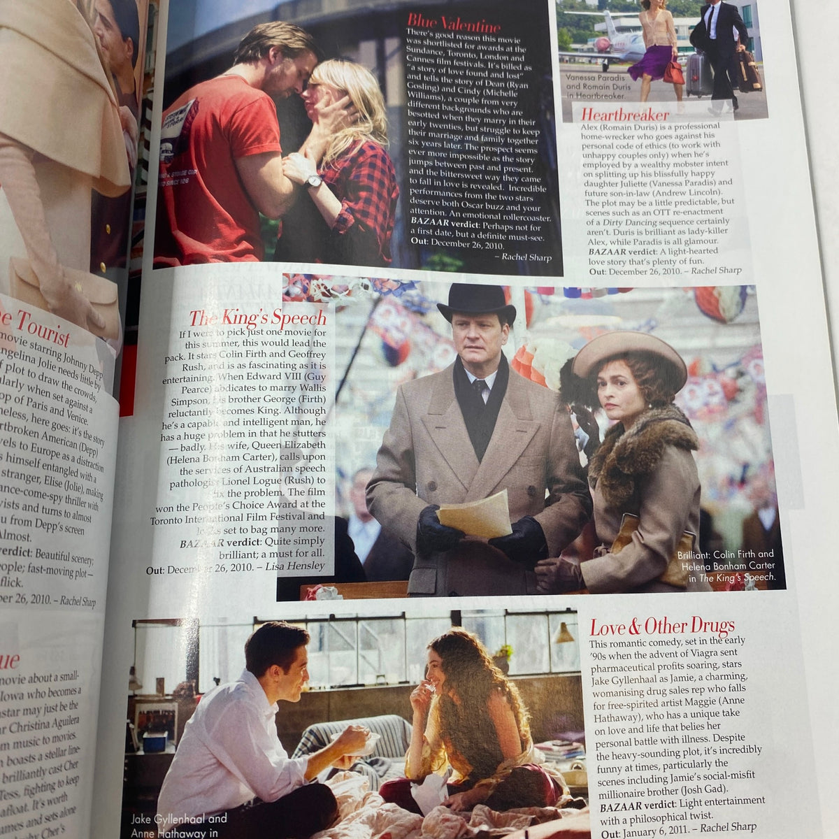Inside page from Harper's Bazaar Australia Magazine January 2011 featuring stills from movies including The King's Speech and Love & Other Drugs, showcasing fashion and film culture of the early 2010s.