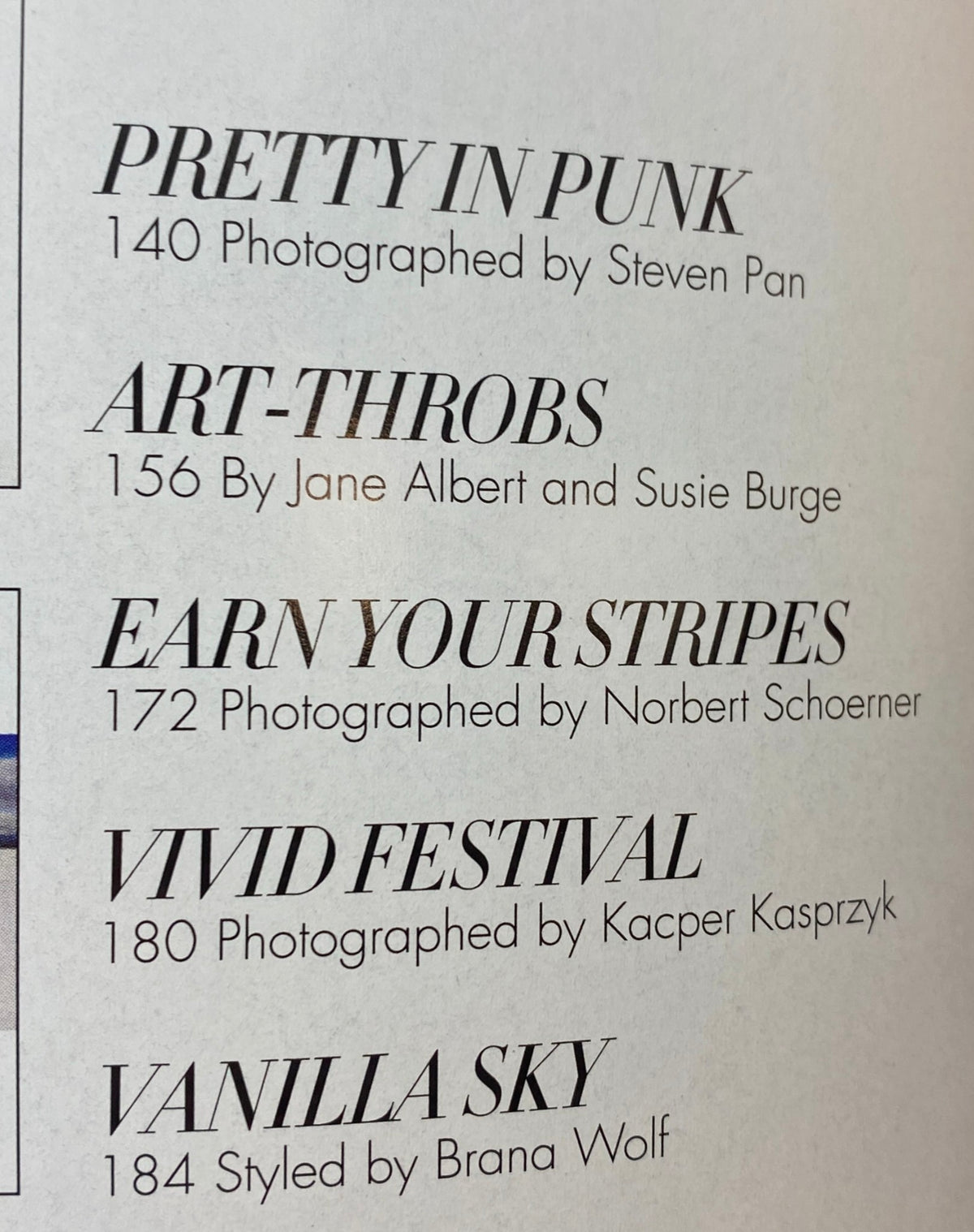 Table of contents from Harper's Bazaar Australia Magazine May 2011, listing featured articles including 'Pretty in Punk', 'Art-Throbs', and 'Vanilla Sky', emphasizing fashion trends.