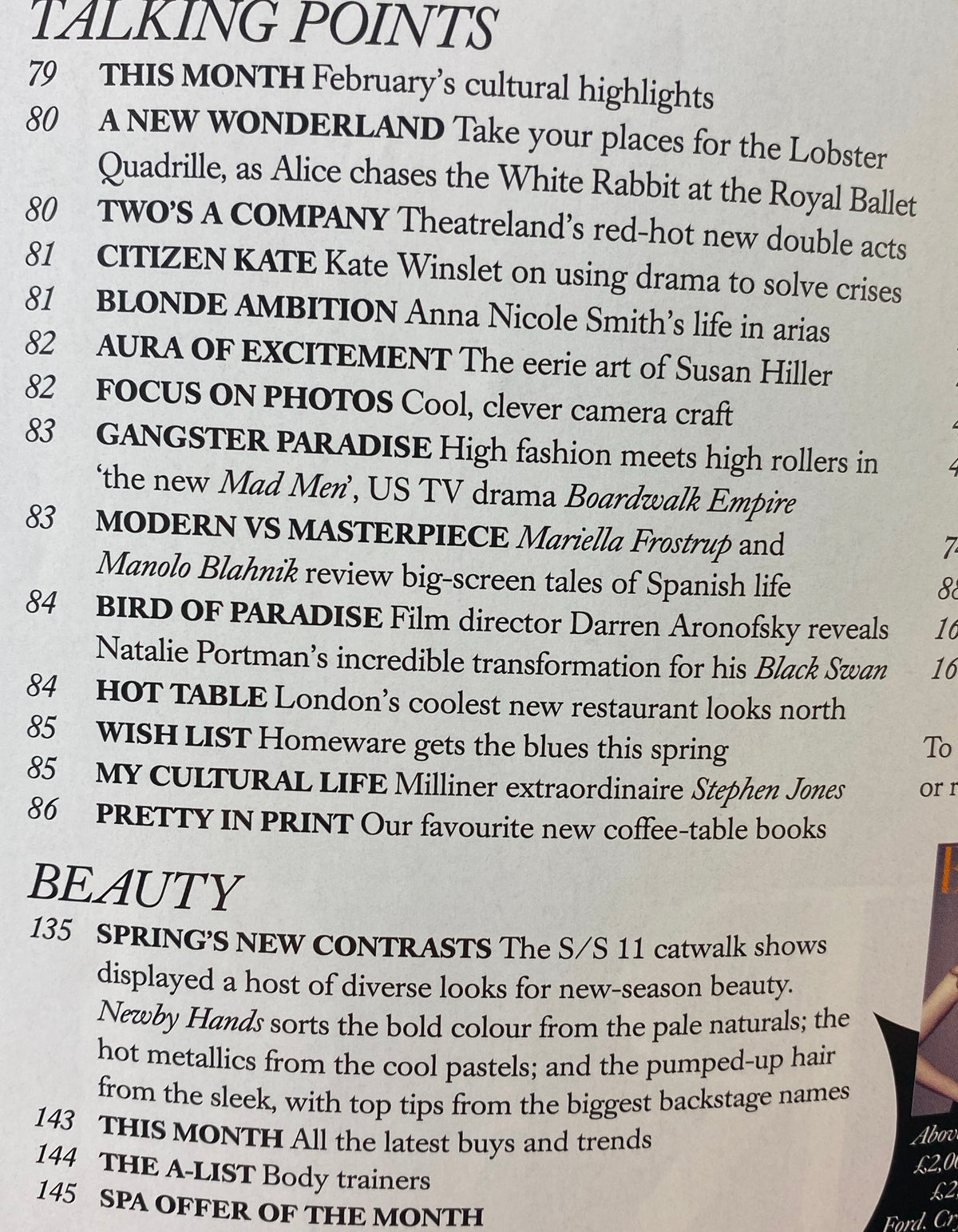 Inside pages of Harper's Bazaar UK Magazine February 2011 displaying the contents list with features like 'New Wonderland' and cultural highlights.