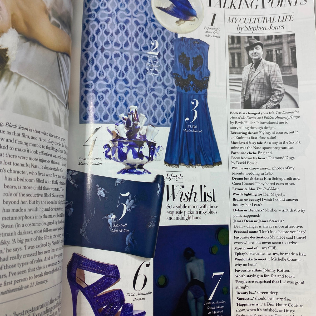 Interior spread from Harper's Bazaar UK Magazine February 2011 featuring lifestyle and fashion advice including a 'Wish List' for stylish outfits.