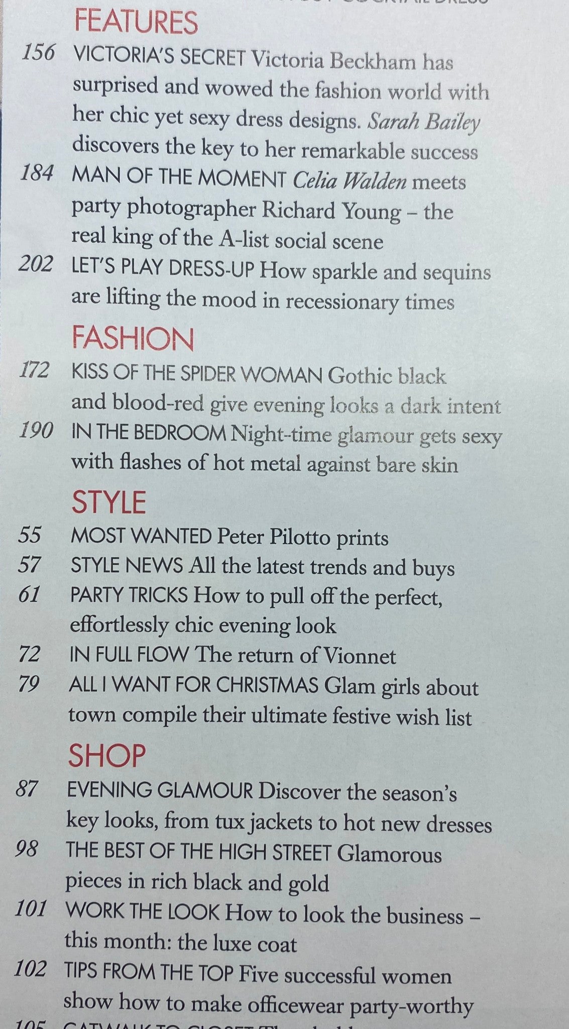 Interior page of Harper's Bazaar UK Magazine December 2009 detailing features on fashion, style, and celebrity trends, highlighting Victoria Beckham's contributions to the fashion world.