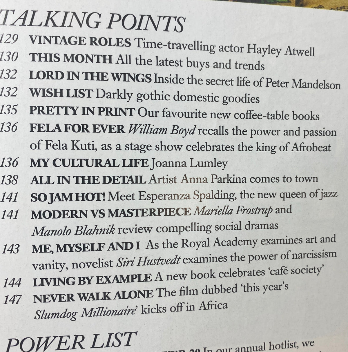 Inside page of Harper's Bazaar UK November 2010, detailing talking points including fashion trends and cultural commentary from notable figures.
