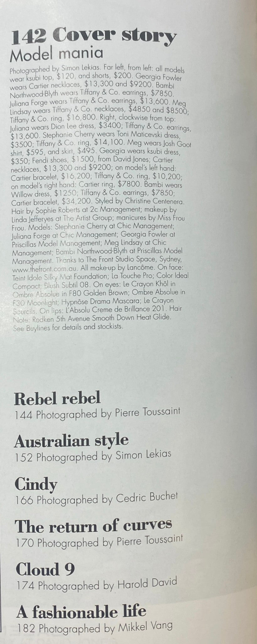 Inside page of Harper's Bazaar Australia Magazine June July 2010 detailing a cover story titled 'Model Mania' with various photography credits.
