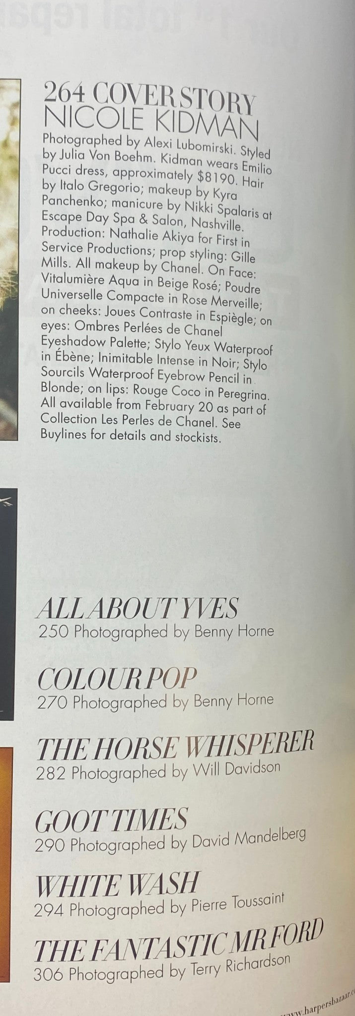 Interior page of Harper's Bazaar Australia Magazine, March 2011, highlighting the cover story on Nicole Kidman photographed by Alexi Lubomirski, along with a list of featured articles.
