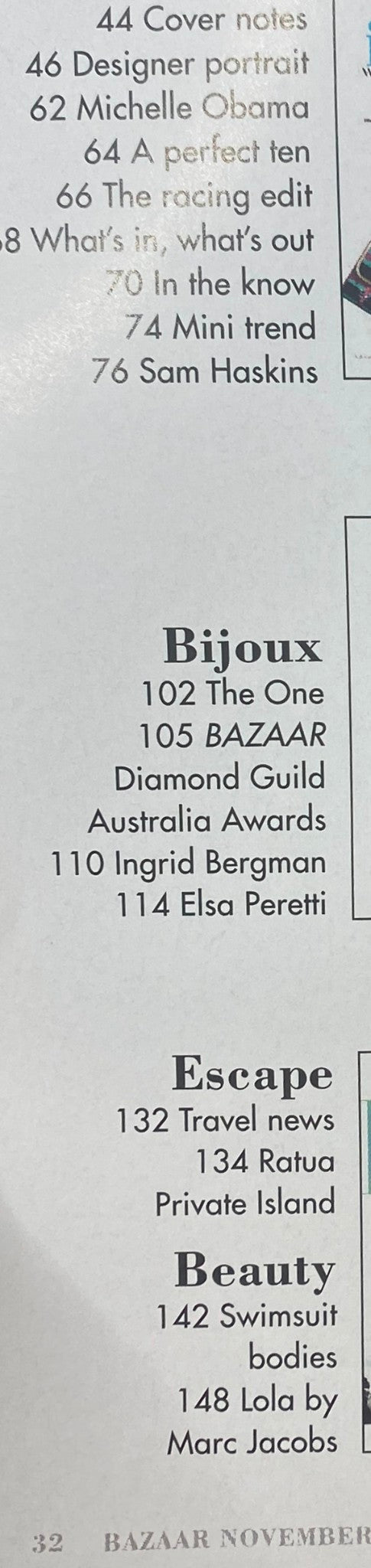 Table of contents from Harper's Bazaar Australia Magazine November 2009, listing key articles including designer portraits and the BAZAAR Diamond Guild Australia Awards.