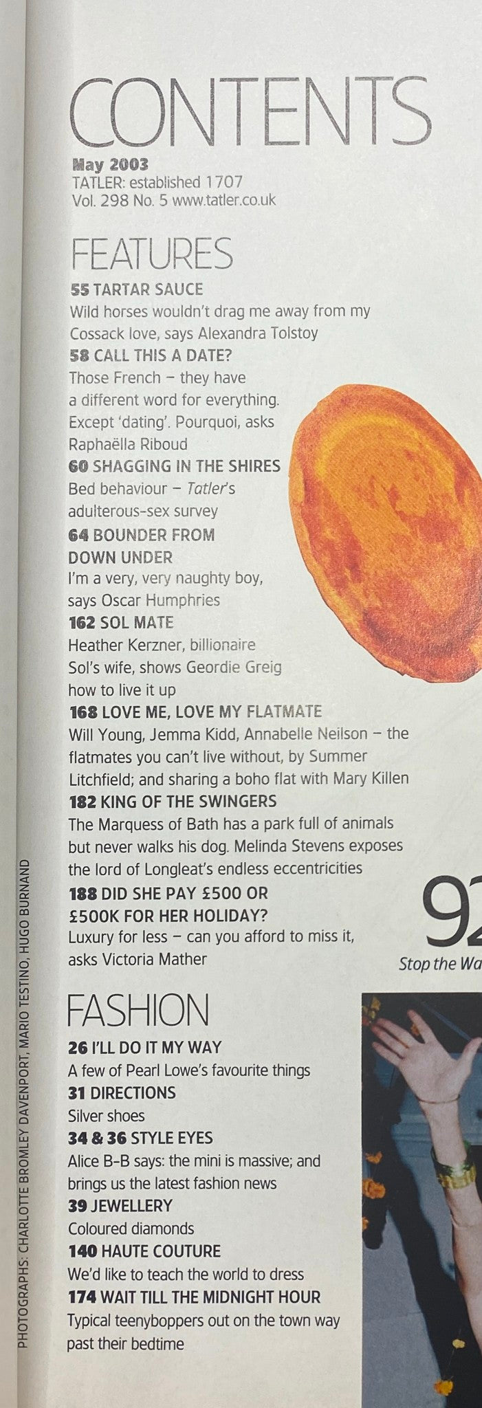 Contents page of Tatler Magazine May 2003 detailing features such as 'Tartar Sauce' and 'Call This a Date?', showcasing a variety of fashionable topics.