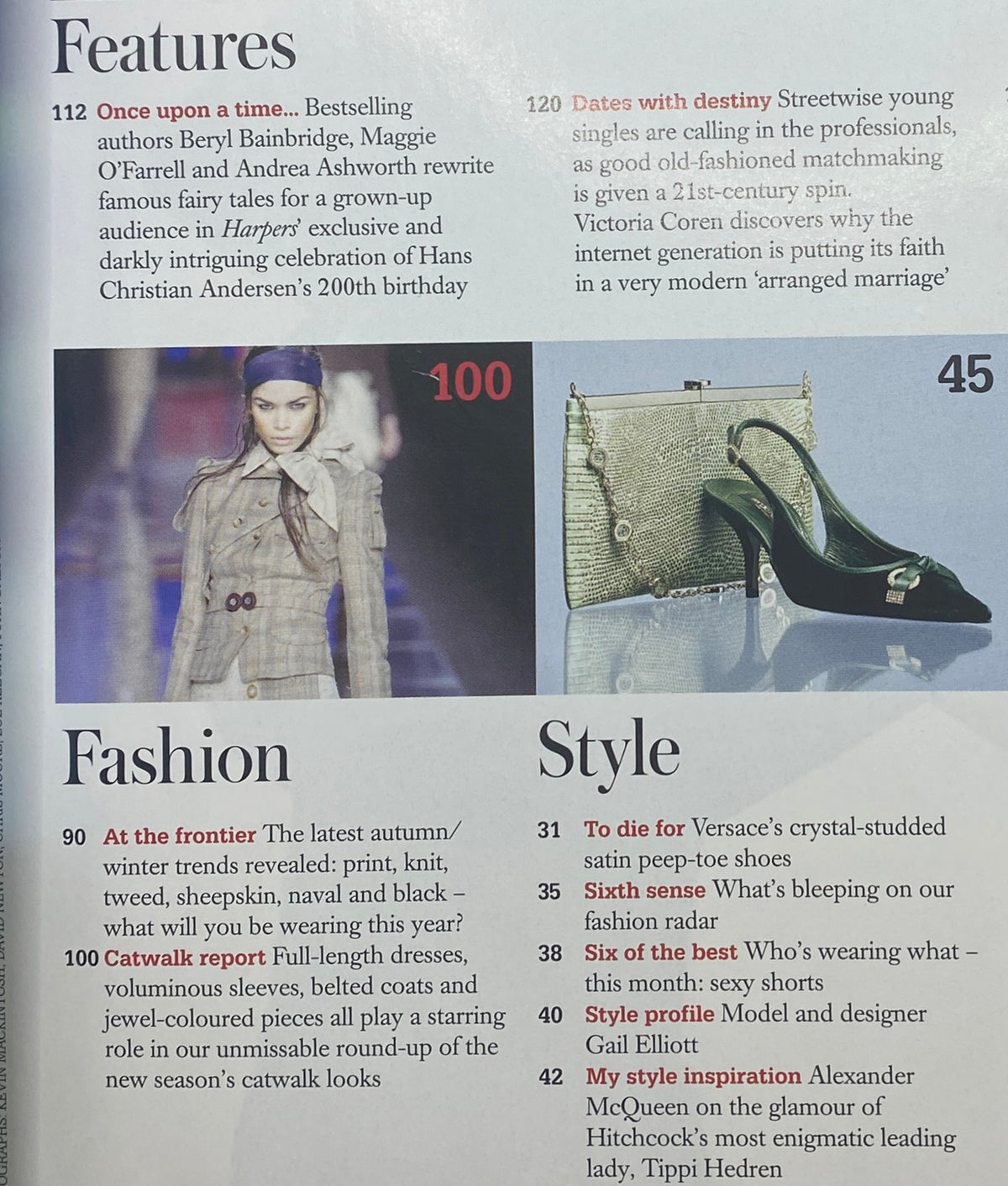 Inside pages of Harpers & Queen UK Magazine August 2005, featuring articles such as 'Once upon a time...' and 'Dates with destiny,' along with a summary of key fashion trends and style insights from the issue.