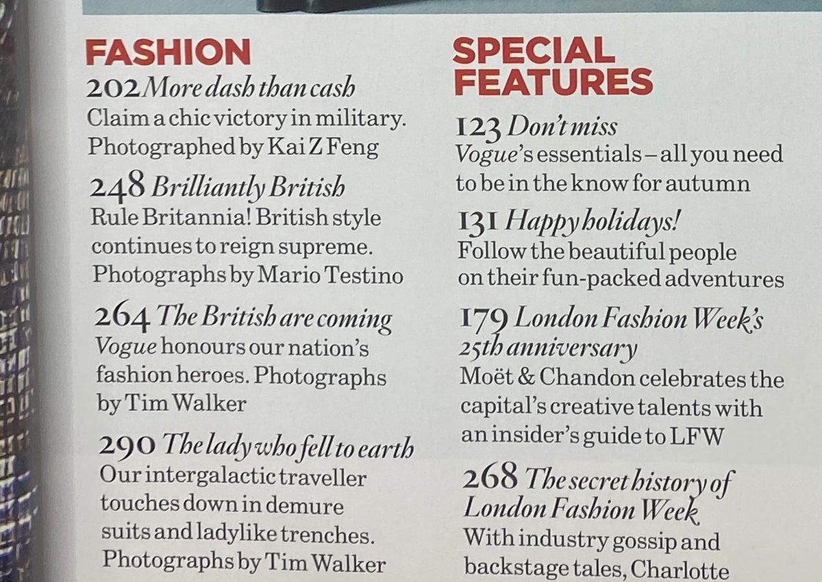 Inside pages of Vogue UK Magazine October 2009 highlighting fashion articles and special features, including military fashion and British style.