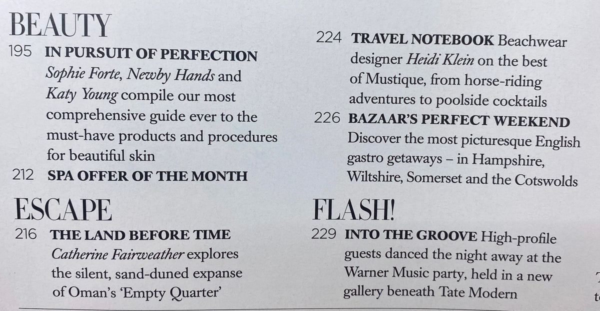 Inside page of Harper's Bazaar Magazine November 2012 highlighting beauty sections, including 'In Pursuit of Perfection' and 'Travel Notebook'.