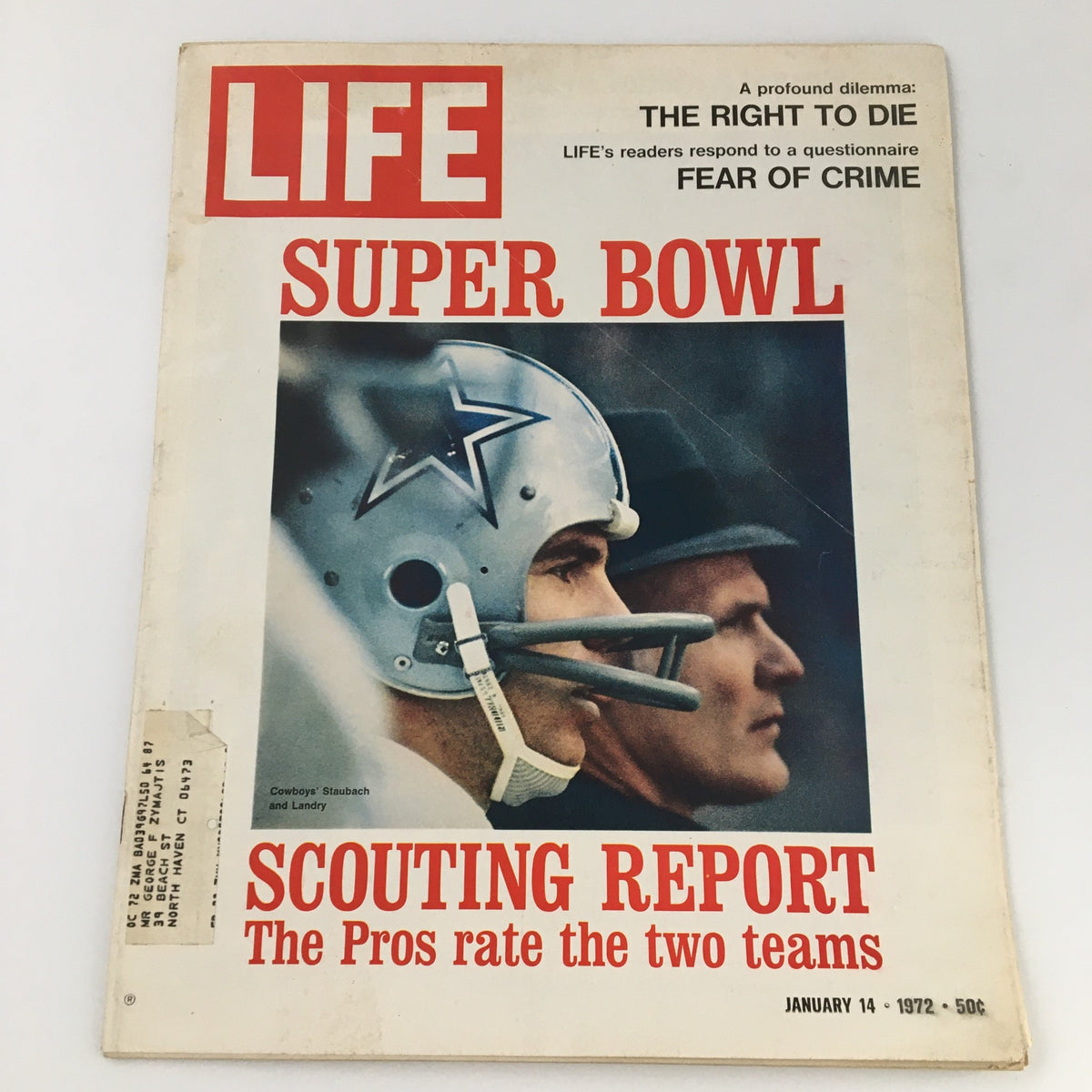 Cover of VTG Life Magazine January 14, 1972 featuring Roger Staubach and Tom Landry, highlighting the Super Bowl with a scouting report on the two teams, reflecting sports history and culture.