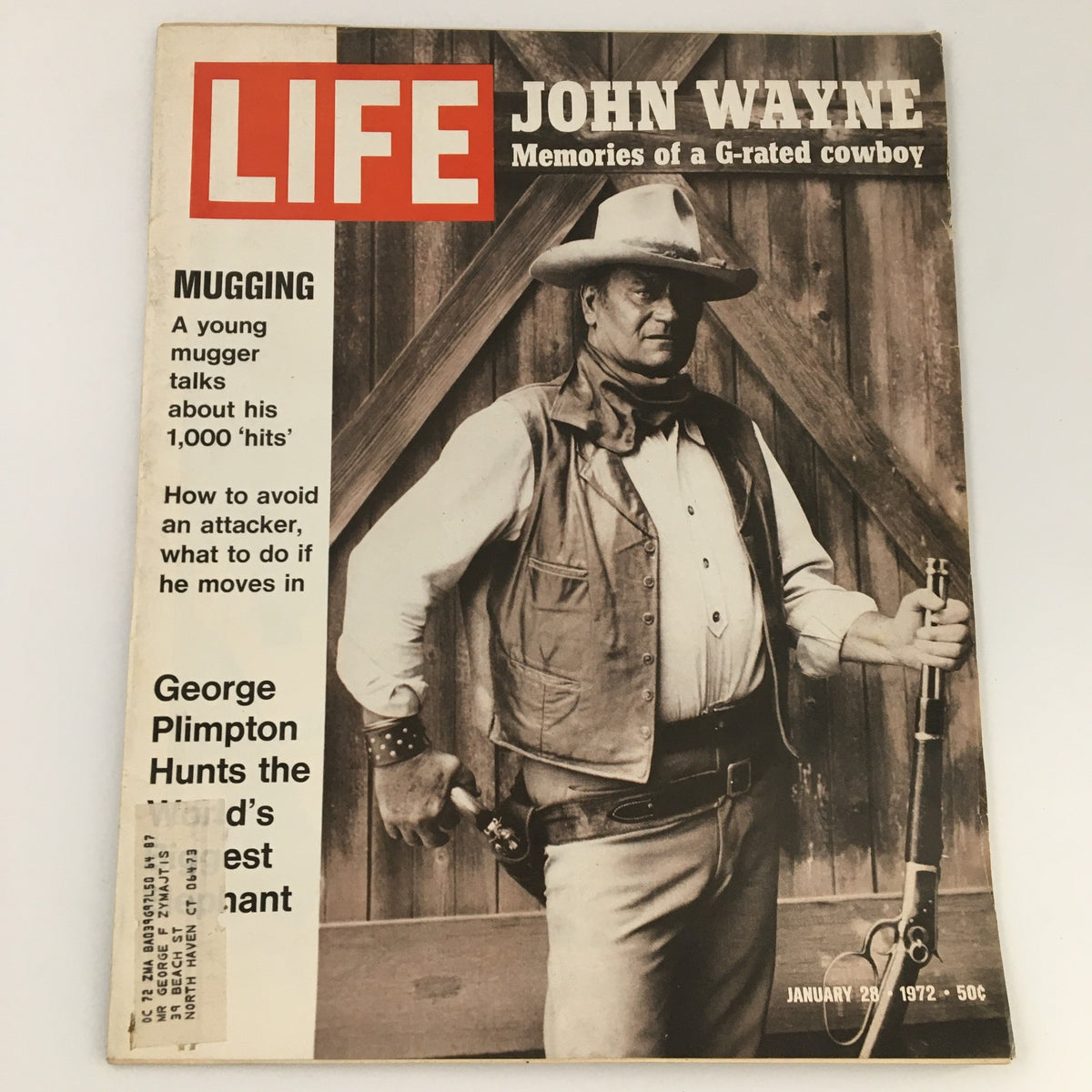 VTG Life Magazine January 28 1972 featuring John Wayne on the cover; includes a feature on his memoirs and highlights his role as a Hollywood cowboy.