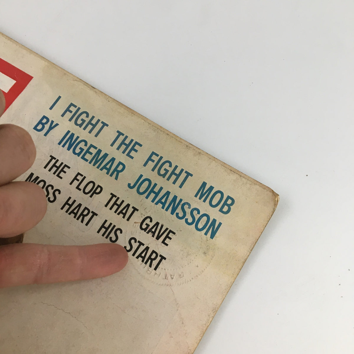 Close-up of the top corner of Life Magazine dated August 24, 1959 highlighting an article title 'I Fight the Fight Mob by Ingemar Johansson'.