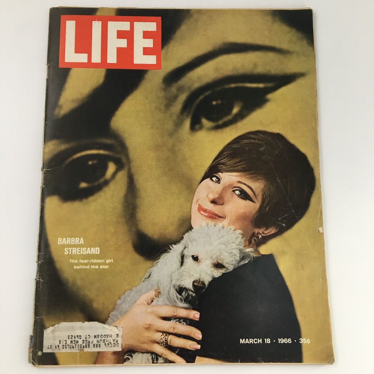 VTG Life Magazine March 18 1966 featuring singer Barbra Streisand on the cover, showcasing her portrait and a pet dog, reflecting the 1960s pop culture.