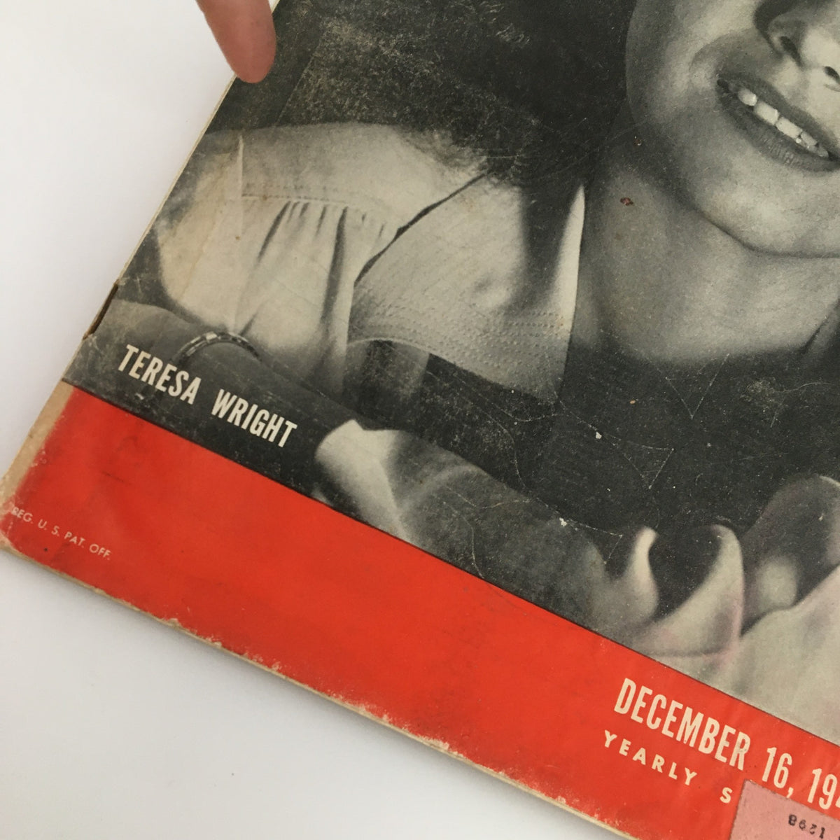 Detailed corner shot of VTG Life Magazine December 16, 1946, featuring Teresa Wright name and magazine publication details.
