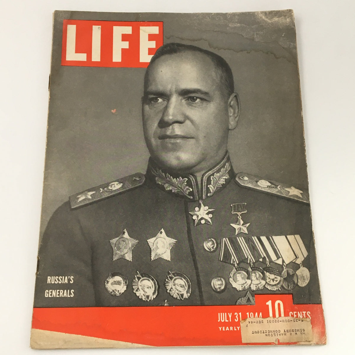 Cover of VTG Life Magazine July 31 1944 featuring a photo of Russia's Soviet General Georgy Zhukov, highlighting his medals and military insignia.