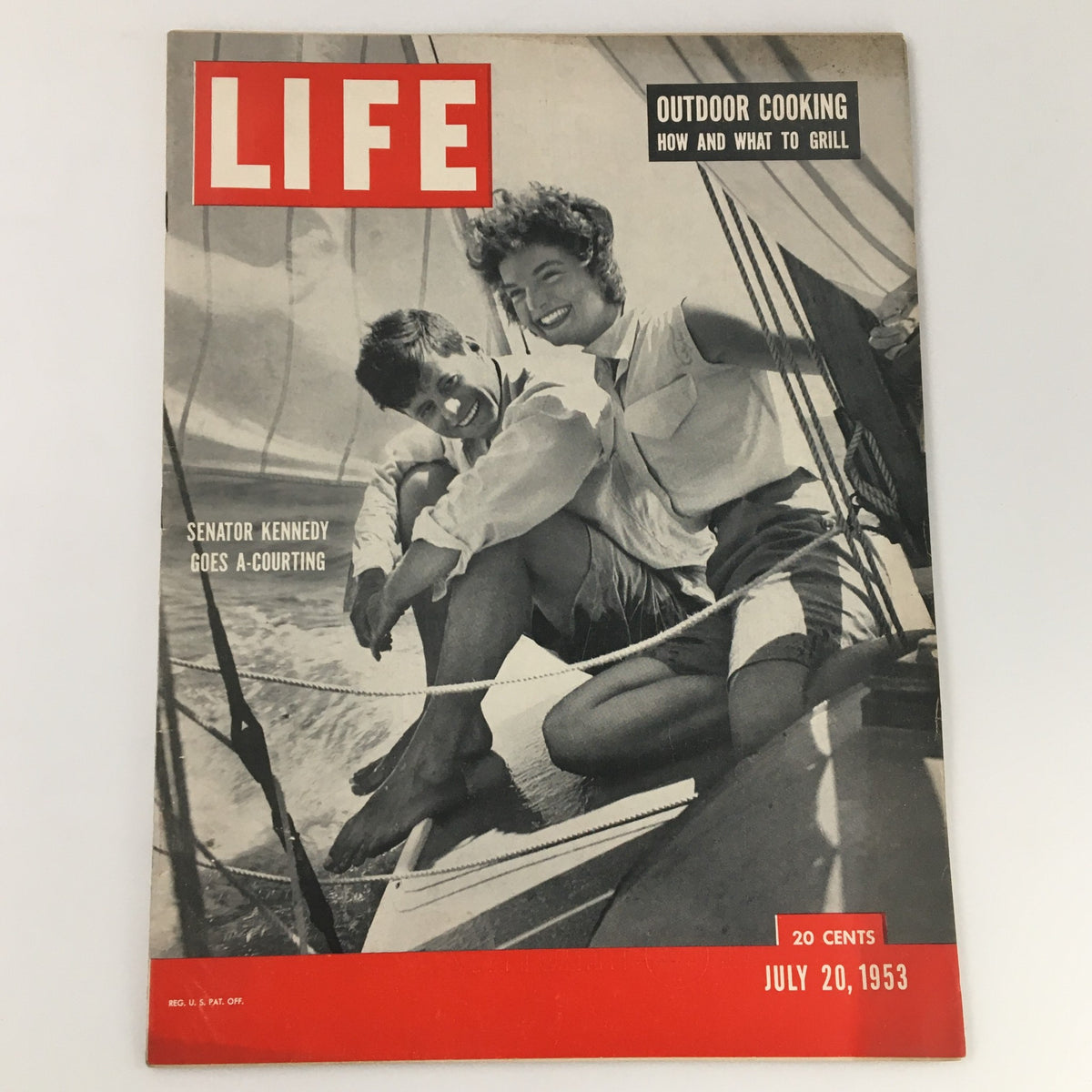 VTG Life Magazine July 20 1953 featuring a cover with John F. Kennedy and Jackie Kennedy sitting on a sailboat, showcasing vintage American culture and history.