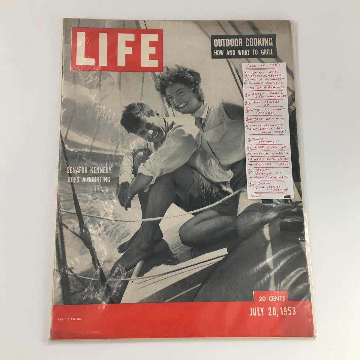 Full front view of the VTG Life Magazine July 20 1953 with John F. Kennedy and Jackie Kennedy on the cover, showcasing the title 'Outdoor Cooking: How and What to Grill' along with other features.