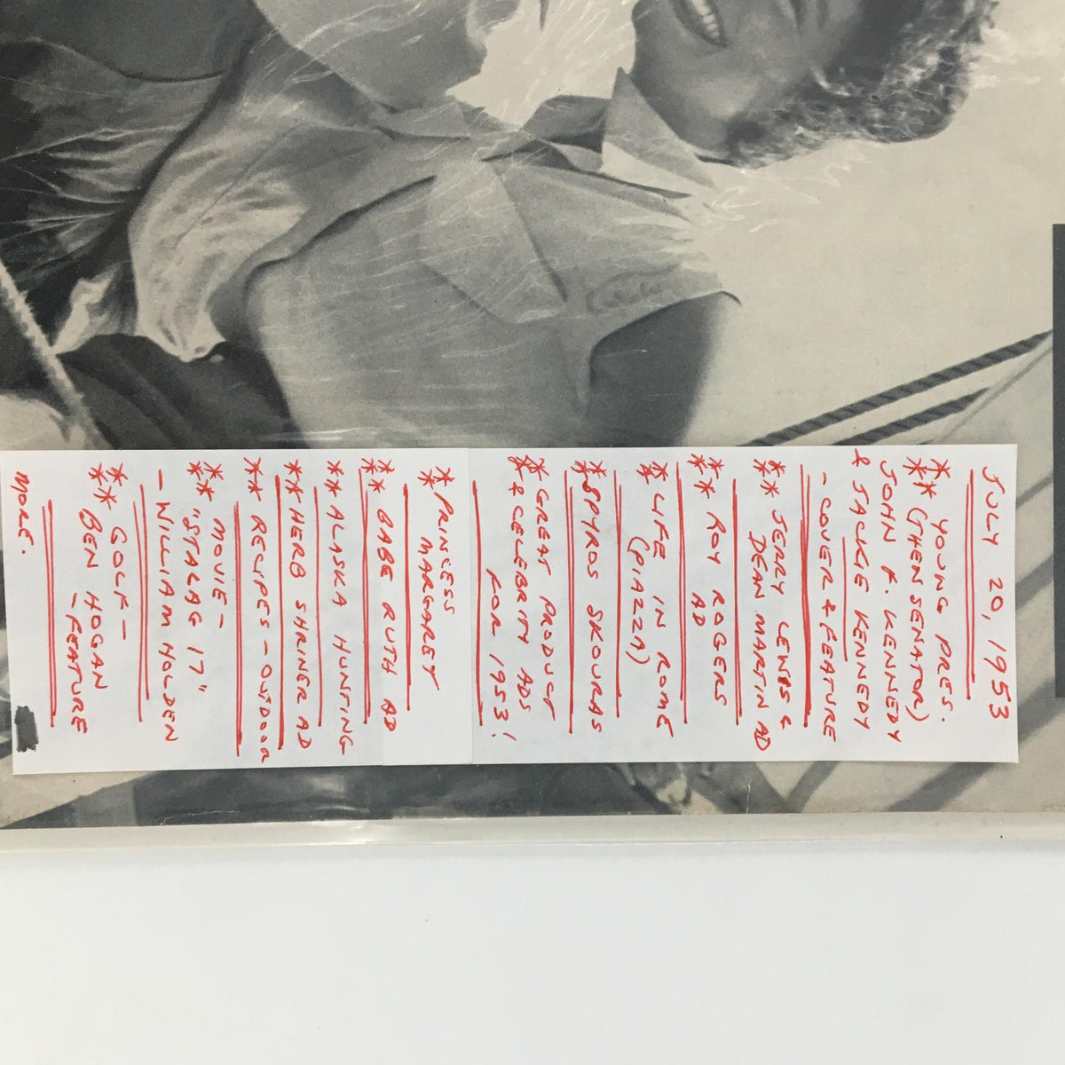 Detail shot of the VTG Life Magazine July 20 1953 showing a handwritten list of features inside the magazine, including mentions of John F. Kennedy and Jackie Kennedy.
