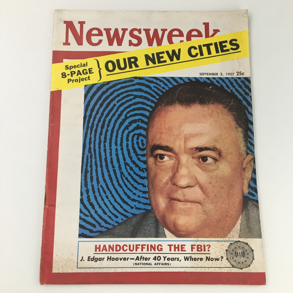 Vintage Newsweek Magazine September 2 1957 cover featuring FBI Director J. Edgar Hoover, highlighted with a colorful fingerprint background, emphasizing a political article about the FBI.