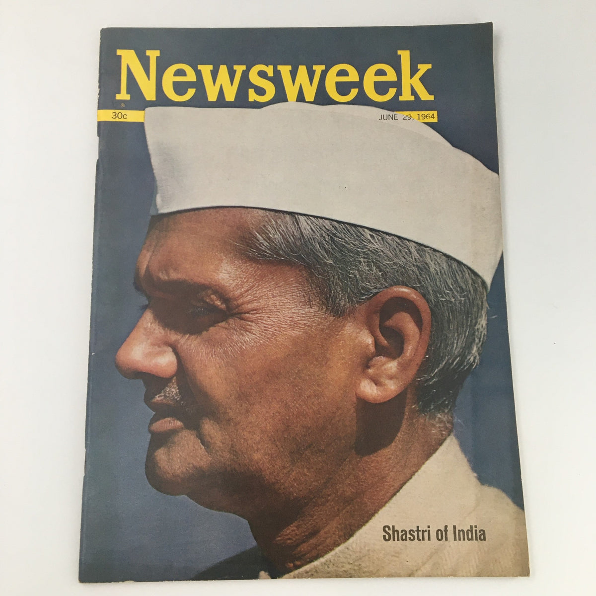 Vintage Newsweek magazine cover from June 29, 1964 featuring Prime Minister Lal Bahadur Shastri of India. The cover showcases Shastri's profile, embodying the historical significance of that era.
