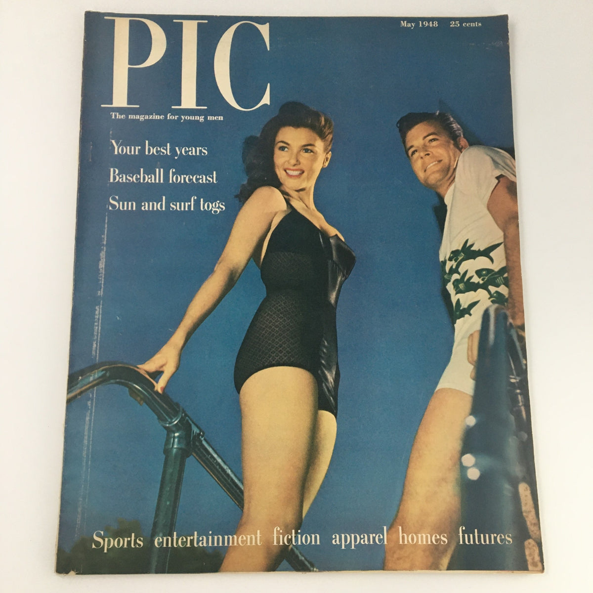 Cover of VTG Pic for Men Magazine May 1948 showcasing a vintage fashion theme with a woman in a bathing suit and a man smiling, highlighting the magazine's focus on baseball forecasts and sun and surf togs.