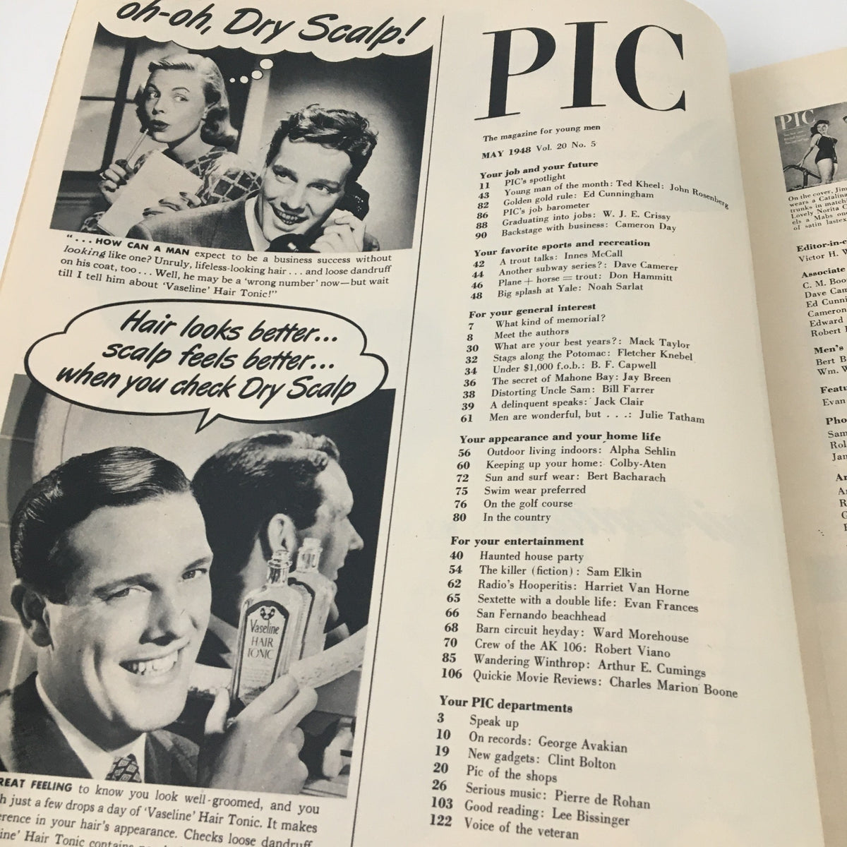 Inside page of VTG Pic for Men Magazine May 1948 featuring an advertisement for Vaseline Hair Tonic, with a man promoting the product, illustrating the magazine's mix of lifestyle and grooming tips for young men.