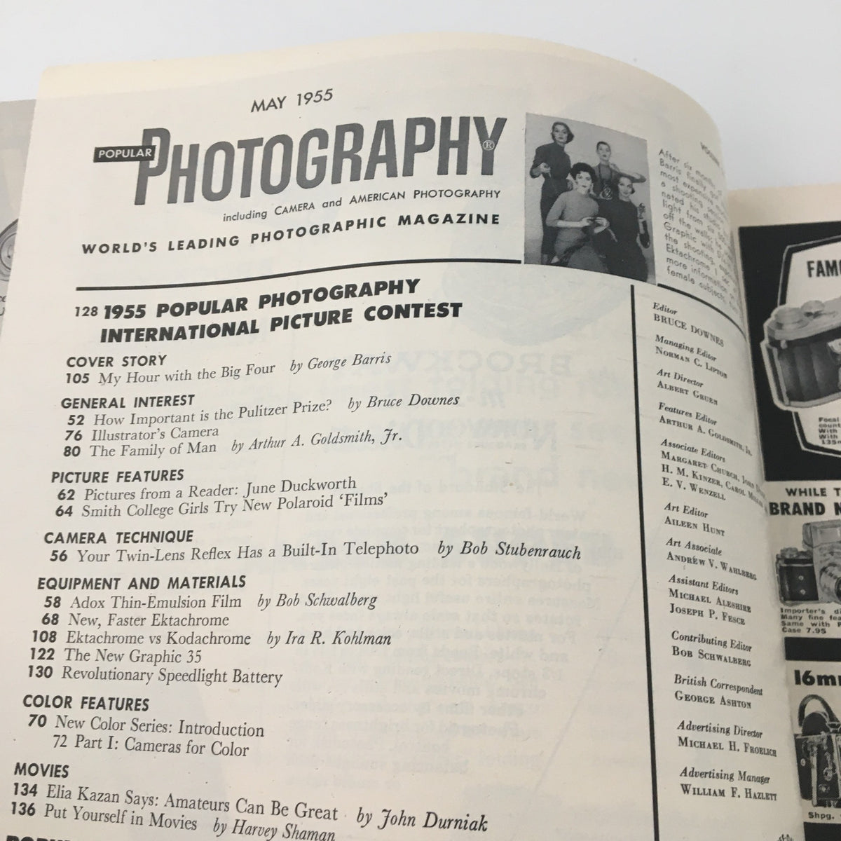 Another angle of VTG Photography Magazine May 1955 highlighting the table of contents with photography topics such as equipment and materials, camera techniques, and features on the International Picture Contest.