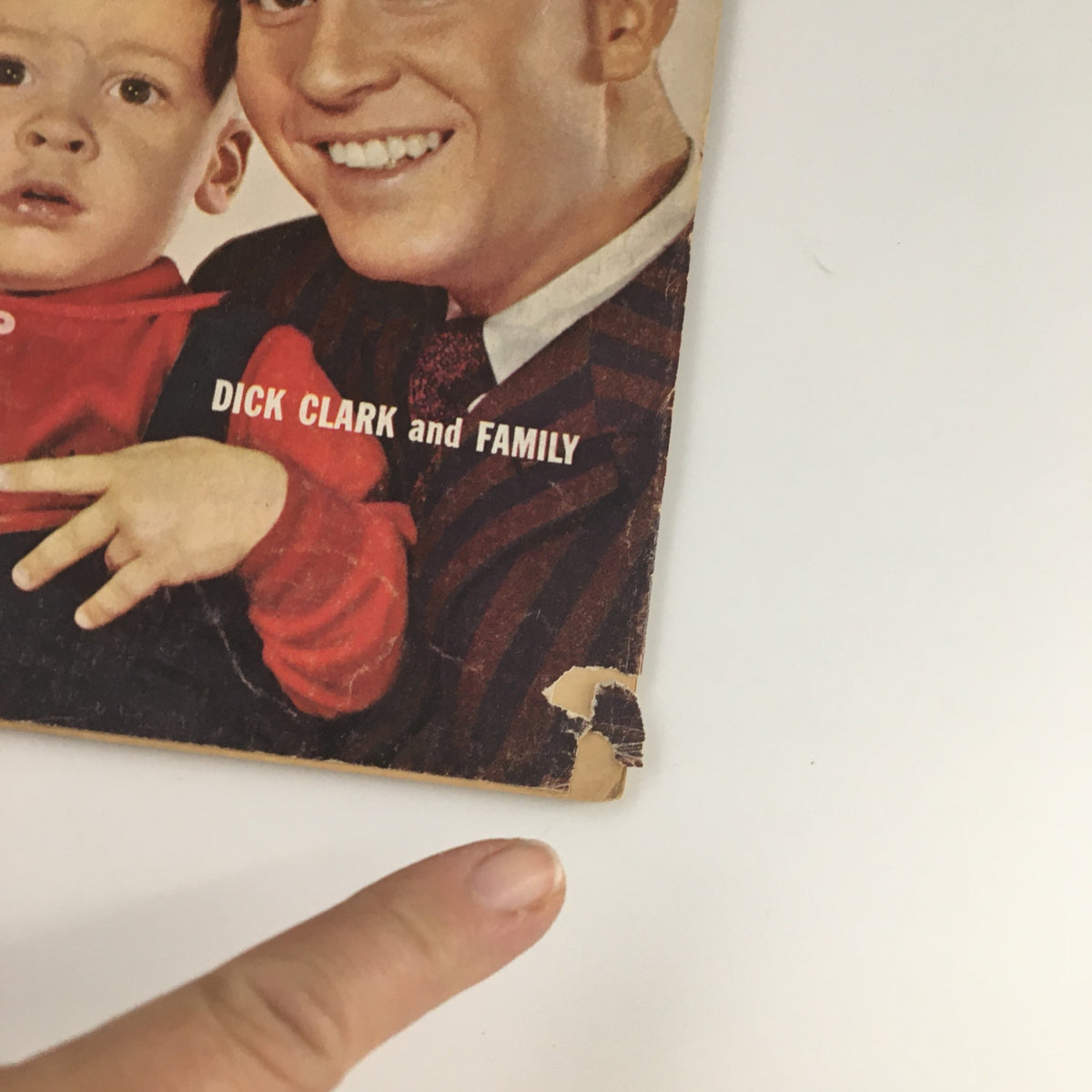 Close-up of the cover of VTG Motion Picture Magazine April 1959 highlighting Dick Clark and Family, with visible edge wear adding to its vintage character.