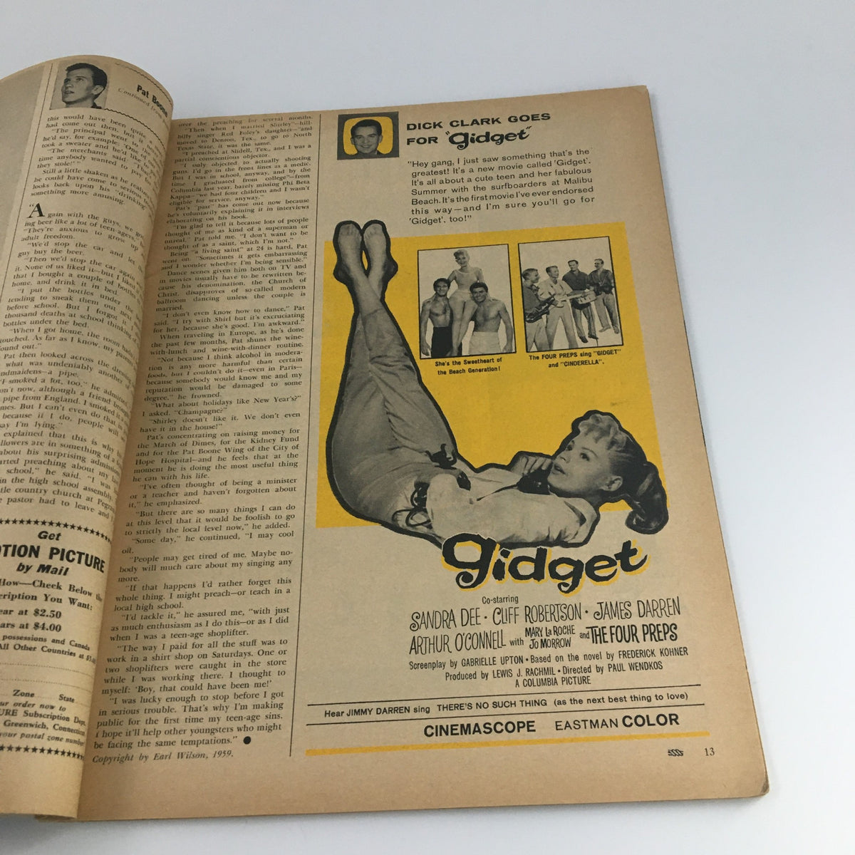 Page featuring an article about Dick Clark in VTG Motion Picture Magazine April 1959, highlighting his involvement with the movie 'Gidget'.