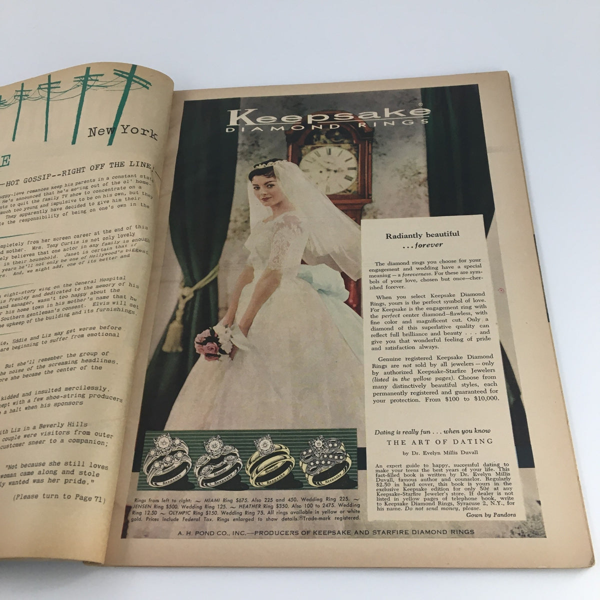 Advertisement for Keepsake diamond rings within VTG Motion Picture Magazine April 1959, illustrating vintage fashion and jewelry trends.