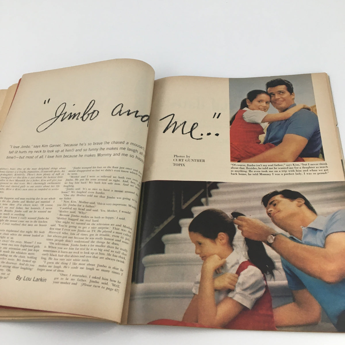 Interior spread of VTG Motion Picture Magazine April 1959 showcasing a color photograph of Kim Garner with her adoptive father, illustrating the theme of family.