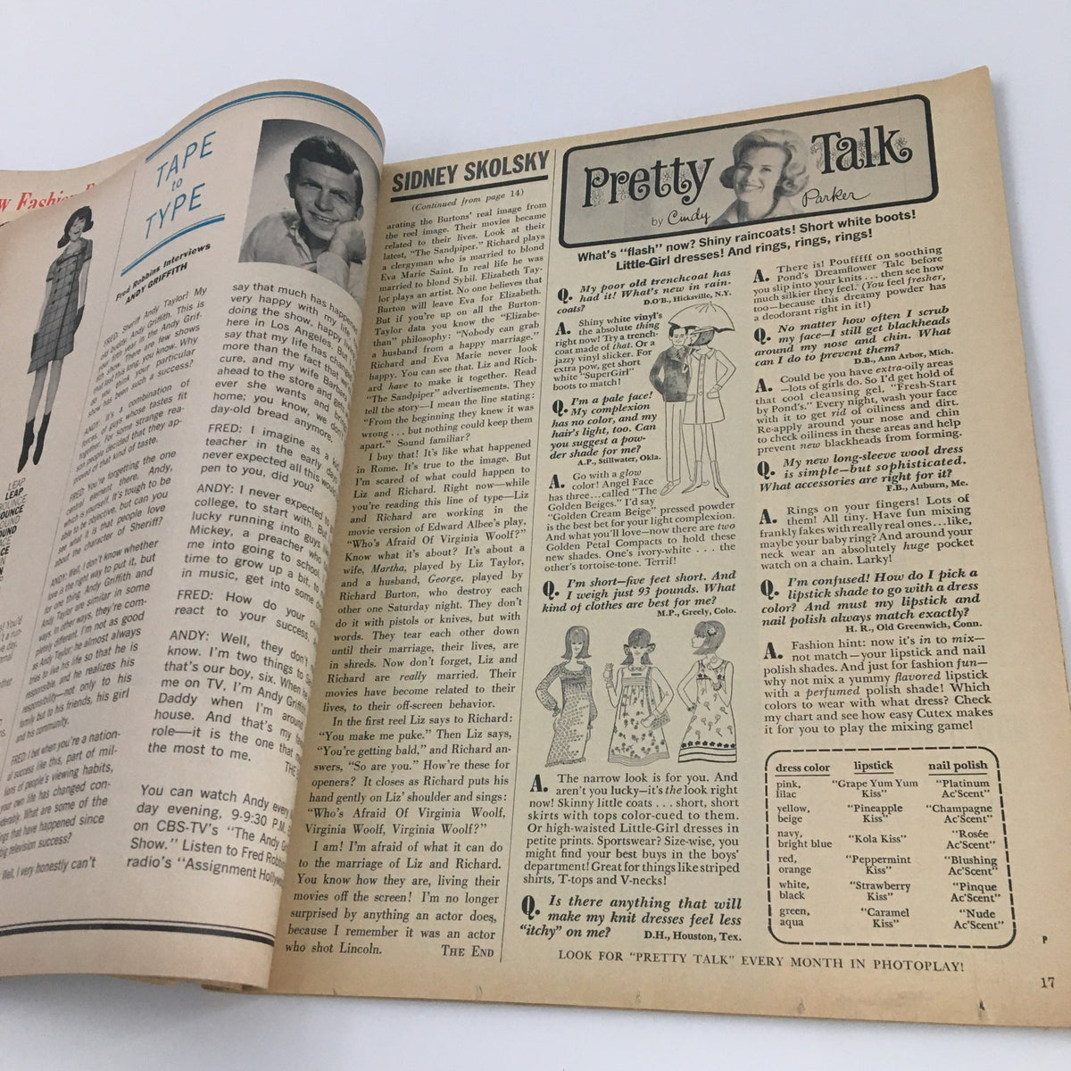 Interior page of VTG Photoplay Magazine October 1965, showcasing celebrity gossip and fashion insights popular in the 1960s.