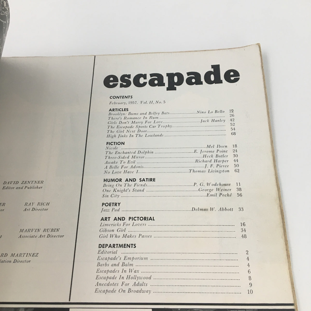 Inside page of VTG Escapade Magazine February 1957 showing the table of contents with various articles, including a love feature by Jack Hanley.